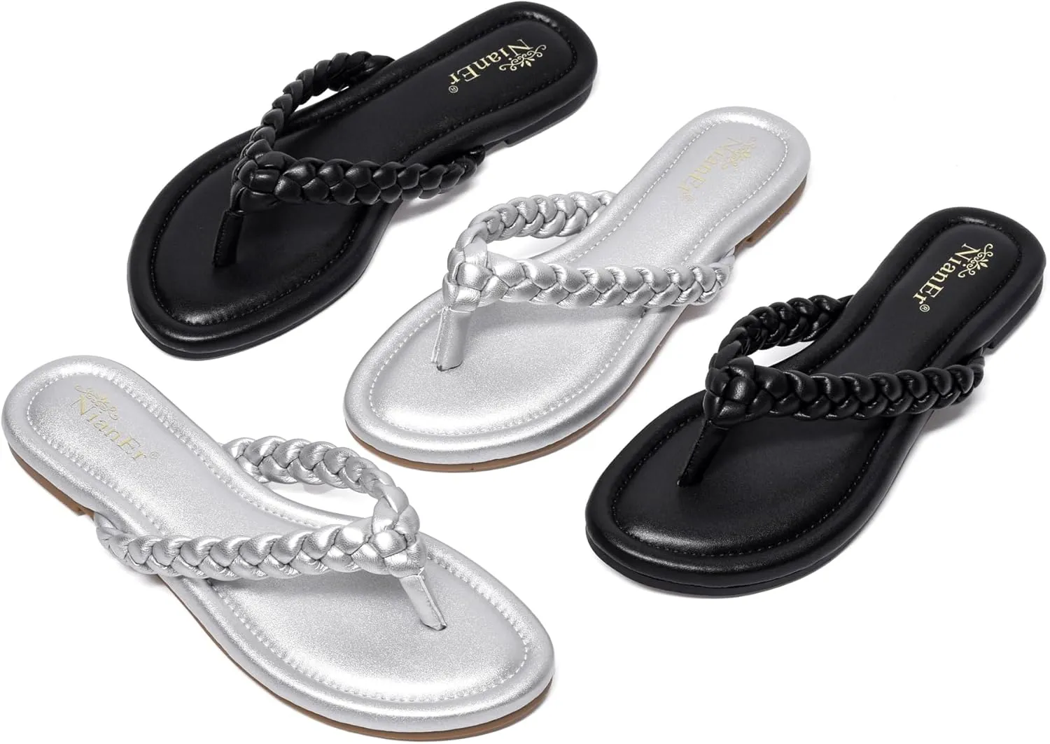 NianEr Womens Microfiber Leather Comfort Foam Bow Dress Thong Sandals Summer Fashion Flat Slip On Slides Flip Flops