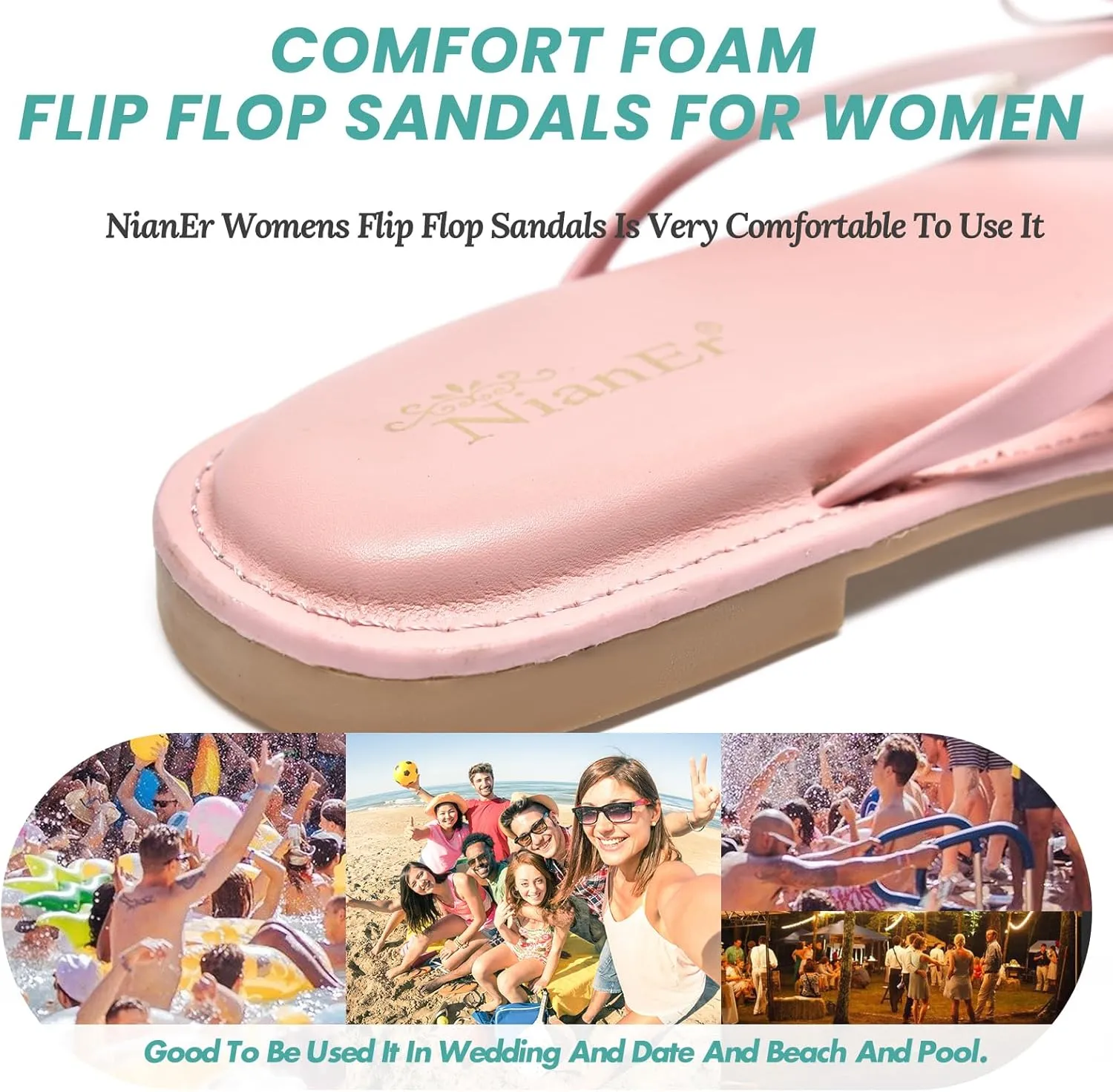 NianEr Womens Microfiber Leather Comfort Foam Bow Dress Thong Sandals Summer Fashion Flat Slip On Slides Flip Flops