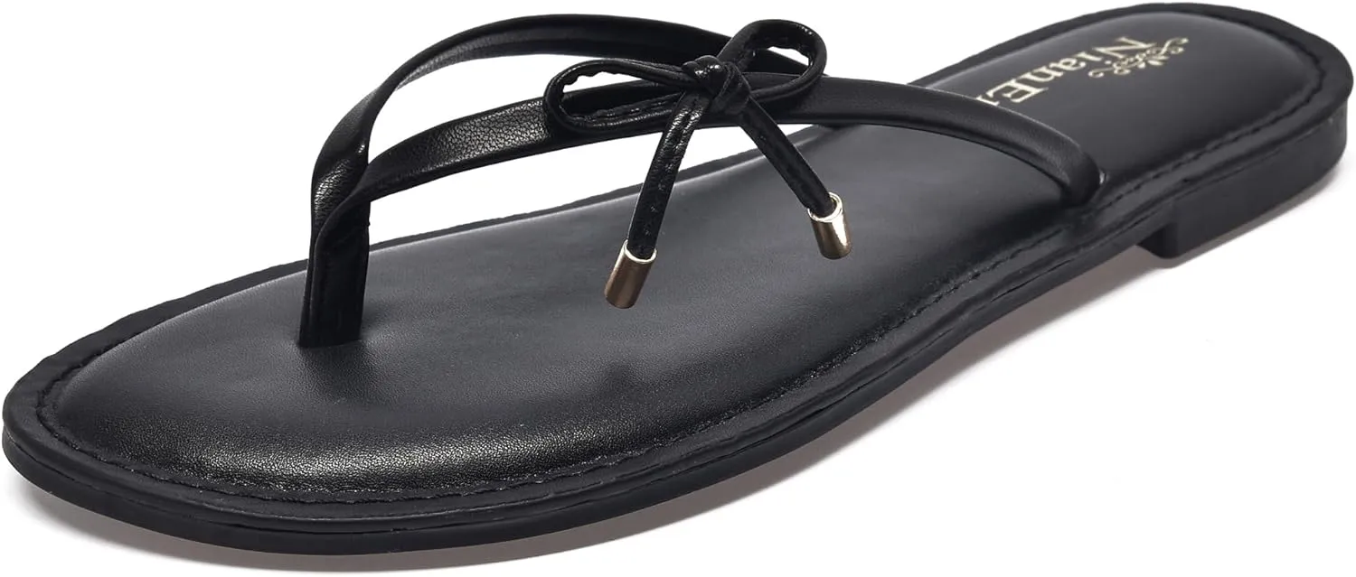 NianEr Womens Microfiber Leather Comfort Foam Bow Dress Thong Sandals Summer Fashion Flat Slip On Slides Flip Flops