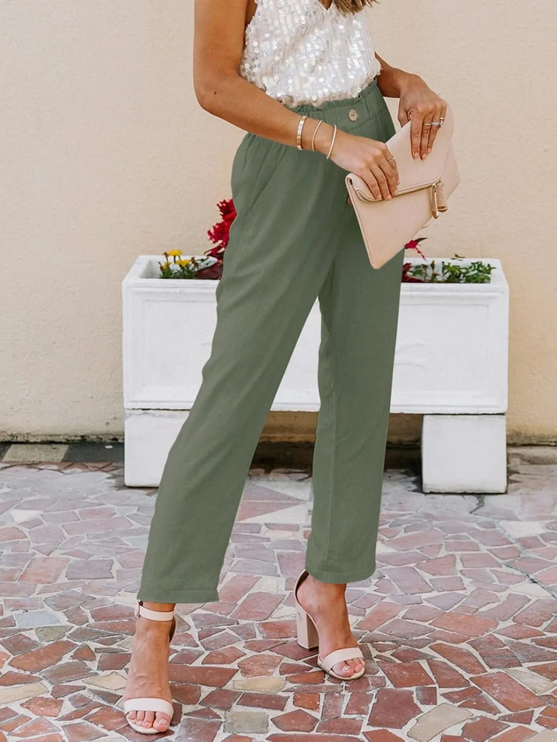 NIMIN Womens Casual Pants High Waisted Work Pants Elastic Cropped Dress Paper Bag Pants with Pockets