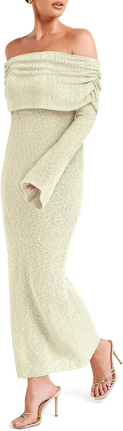 Off The Shoulder Maxi Dress Long Sleeve Beach Crochet Cover Up Summer Sexy Maxi Dresses S-2XL
