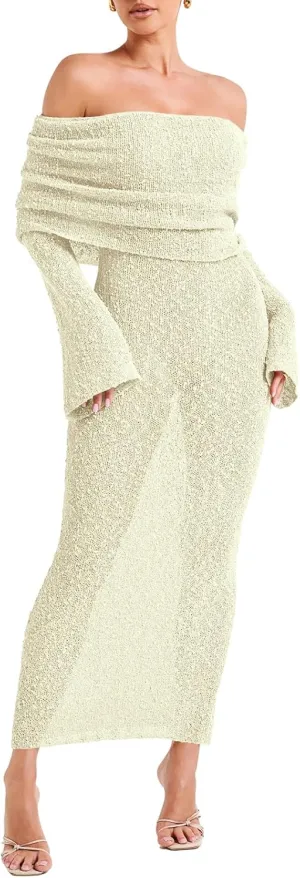 Off The Shoulder Maxi Dress Long Sleeve Beach Crochet Cover Up Summer Sexy Maxi Dresses S-2XL