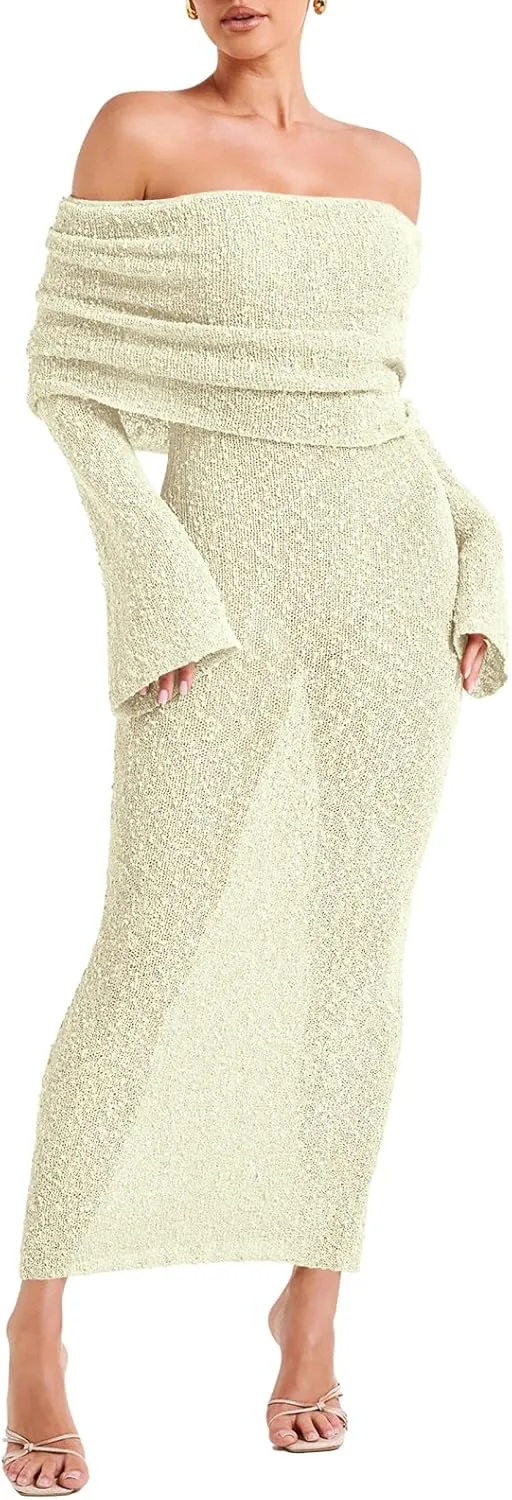 Off The Shoulder Maxi Dress Long Sleeve Beach Crochet Cover Up Summer Sexy Maxi Dresses S-2XL