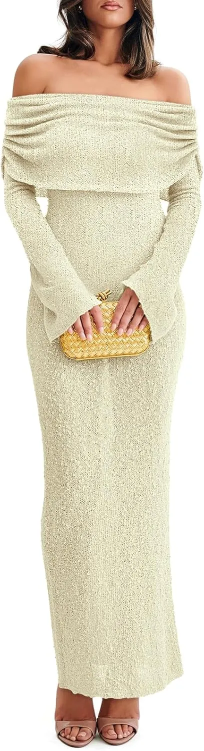 Off The Shoulder Maxi Dress Long Sleeve Beach Crochet Cover Up Summer Sexy Maxi Dresses S-2XL