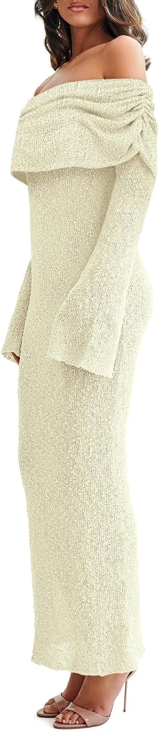 Off The Shoulder Maxi Dress Long Sleeve Beach Crochet Cover Up Summer Sexy Maxi Dresses S-2XL