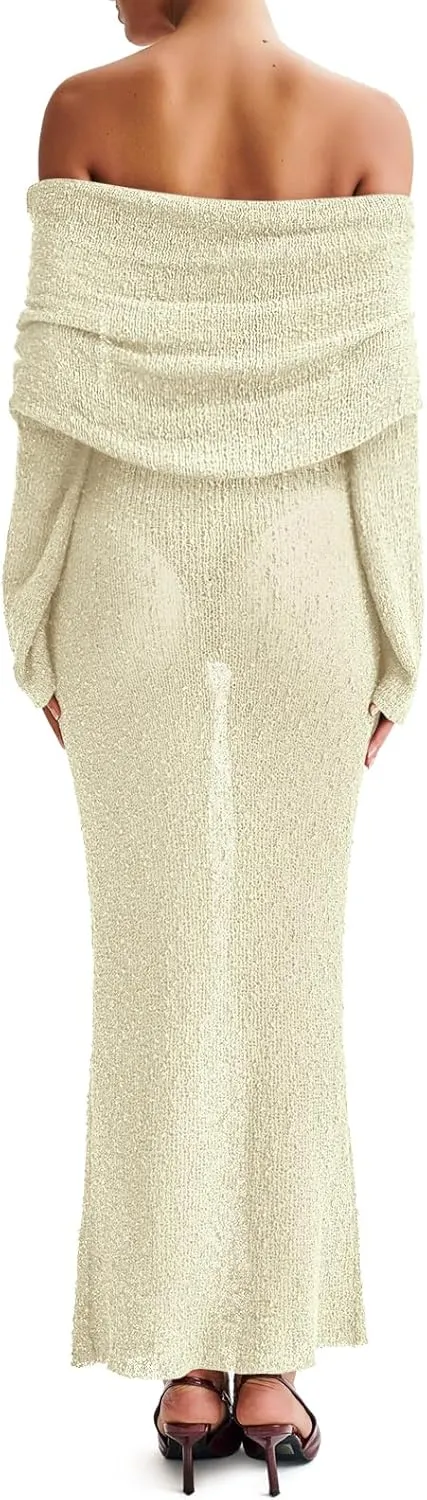Off The Shoulder Maxi Dress Long Sleeve Beach Crochet Cover Up Summer Sexy Maxi Dresses S-2XL
