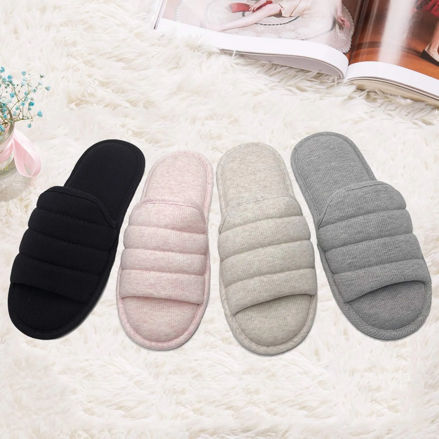 ofoot Womens Cotton Memory Foam Summer House Slippers Slides Indoor Bedroom Sandal Shoes Open Toe Washable With Non Slip Rubber Sole