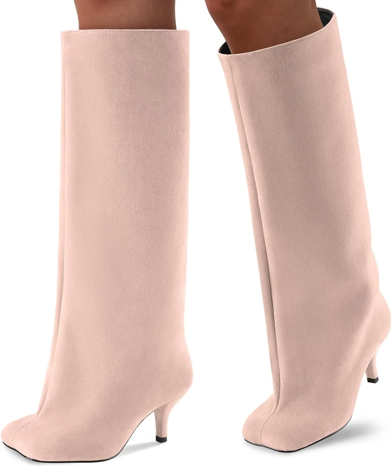 Oh Mispares Women's Nude Suede Knee High Boots - Square Toe Wide Calf Stiletto Low Heels - Fashionable Kitten Heel Pull-On Tall Winter Boots for Ladies