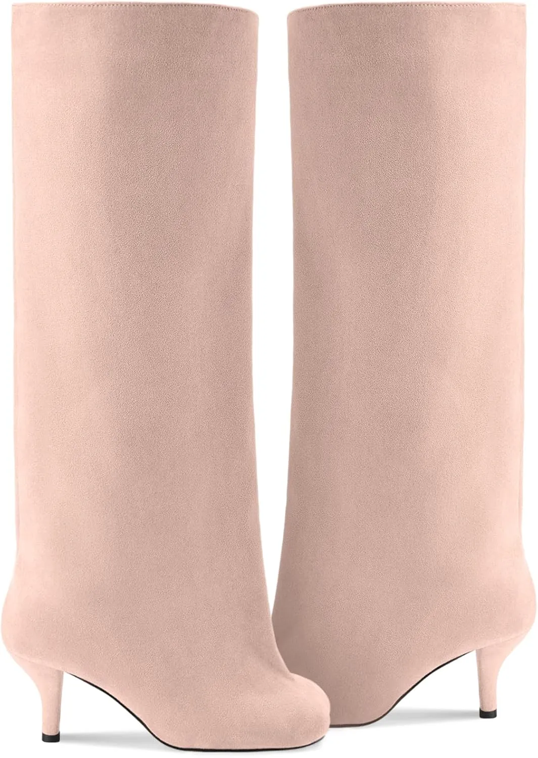 Oh Mispares Women's Nude Suede Knee High Boots - Square Toe Wide Calf Stiletto Low Heels - Fashionable Kitten Heel Pull-On Tall Winter Boots for Ladies
