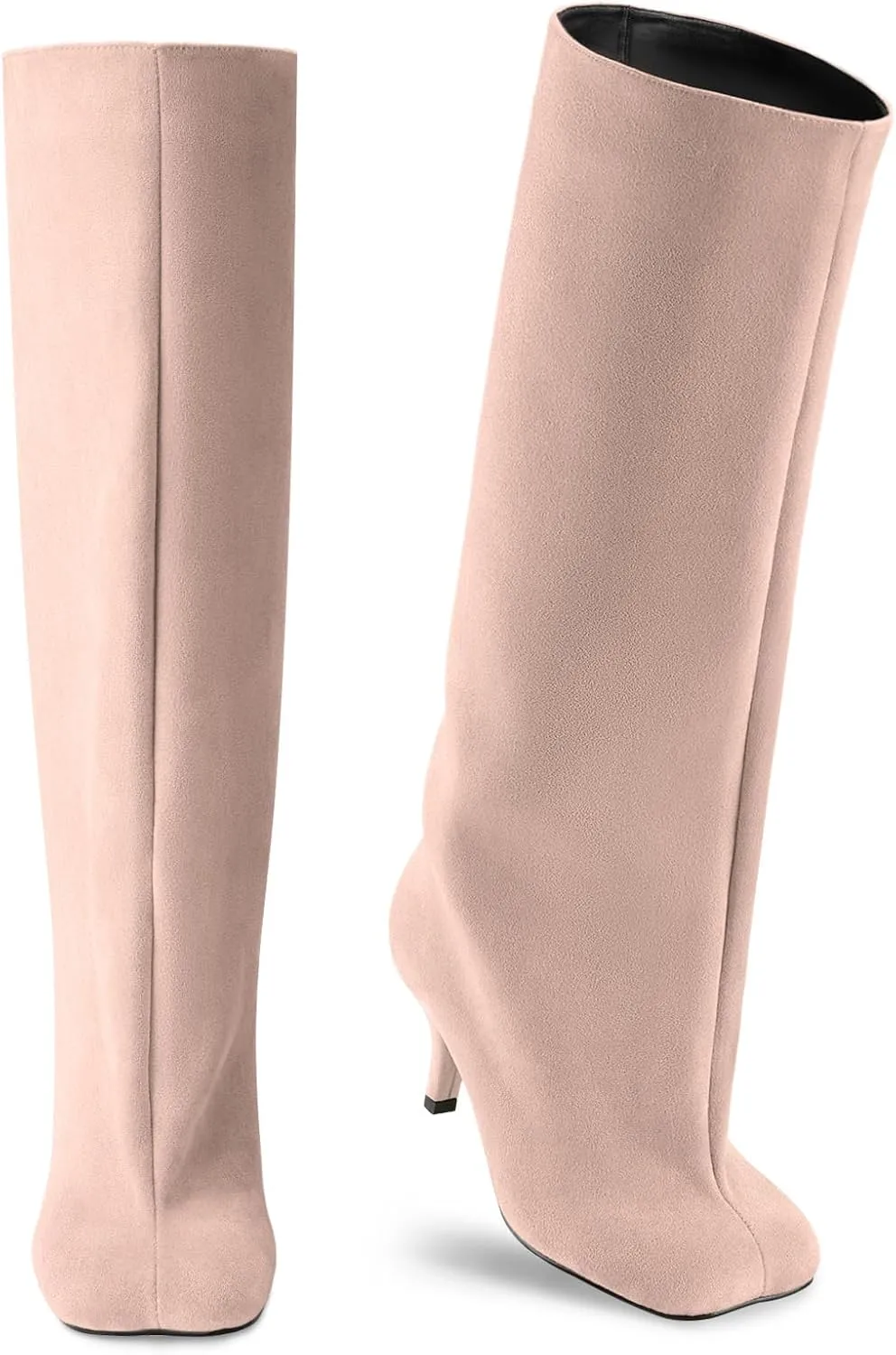 Oh Mispares Women's Nude Suede Knee High Boots - Square Toe Wide Calf Stiletto Low Heels - Fashionable Kitten Heel Pull-On Tall Winter Boots for Ladies