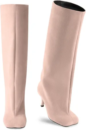 Oh Mispares Women's Nude Suede Knee High Boots - Square Toe Wide Calf Stiletto Low Heels - Fashionable Kitten Heel Pull-On Tall Winter Boots for Ladies