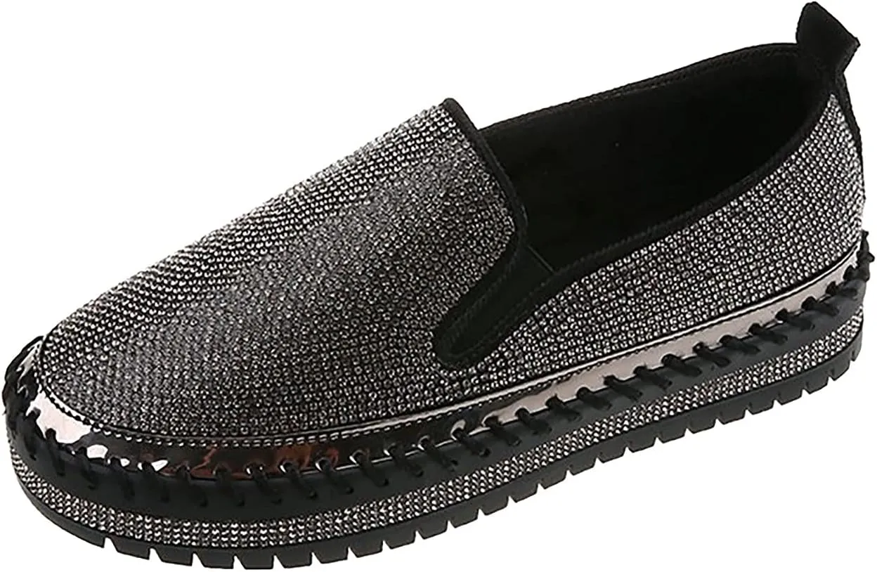 oiangi Rhinestone Platform Loafers for Women Fashion European and American Large Size Flat Shoes Comfrtable Casual Trendy Shoes