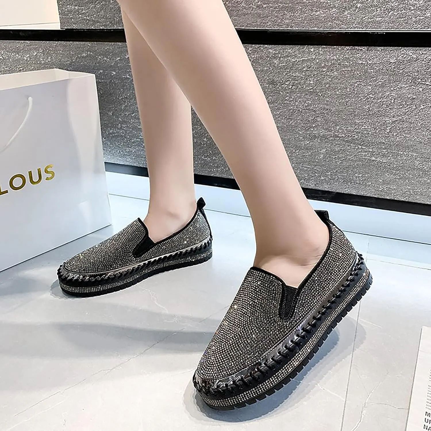 oiangi Rhinestone Platform Loafers for Women Fashion European and American Large Size Flat Shoes Comfrtable Casual Trendy Shoes
