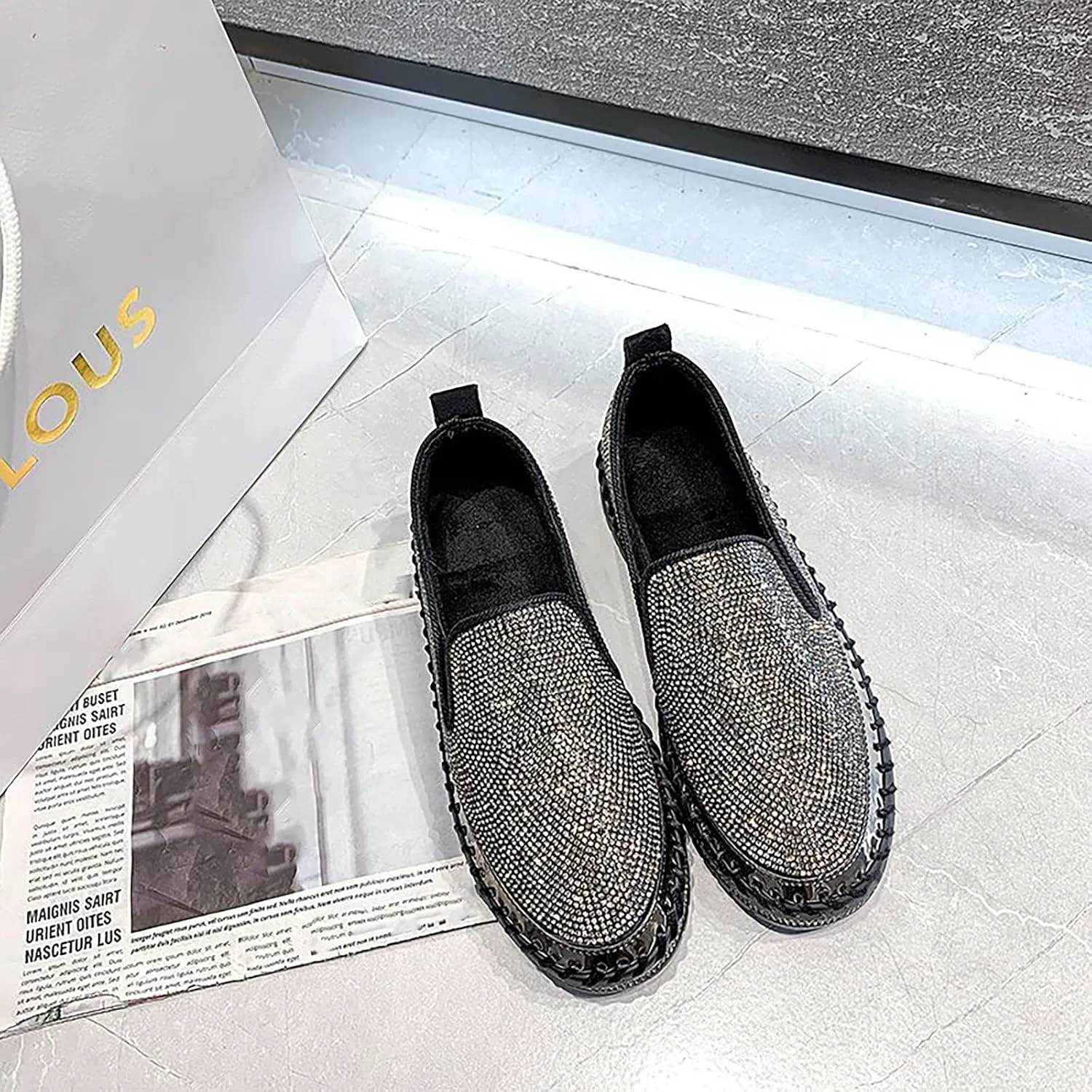 oiangi Rhinestone Platform Loafers for Women Fashion European and American Large Size Flat Shoes Comfrtable Casual Trendy Shoes