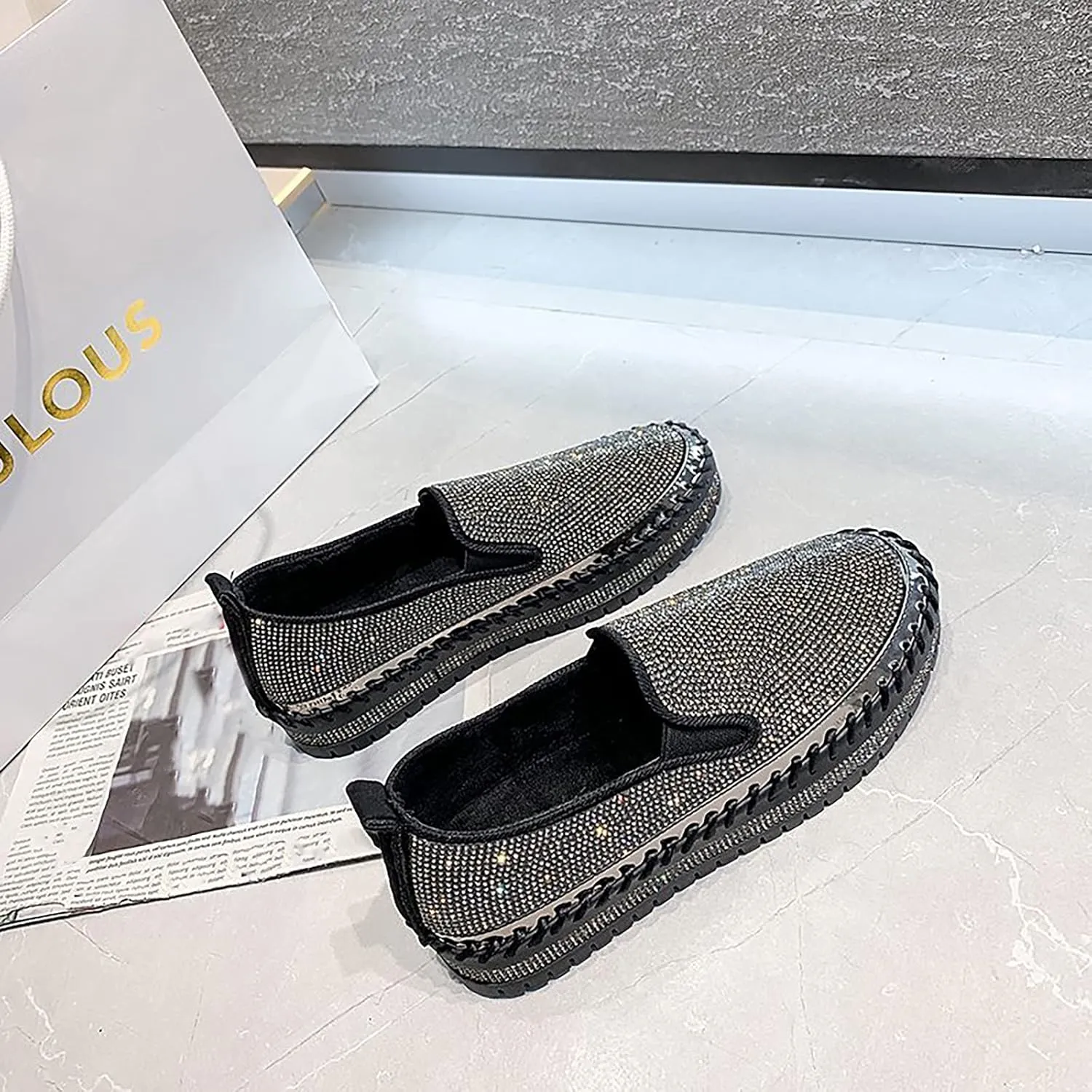 oiangi Rhinestone Platform Loafers for Women Fashion European and American Large Size Flat Shoes Comfrtable Casual Trendy Shoes
