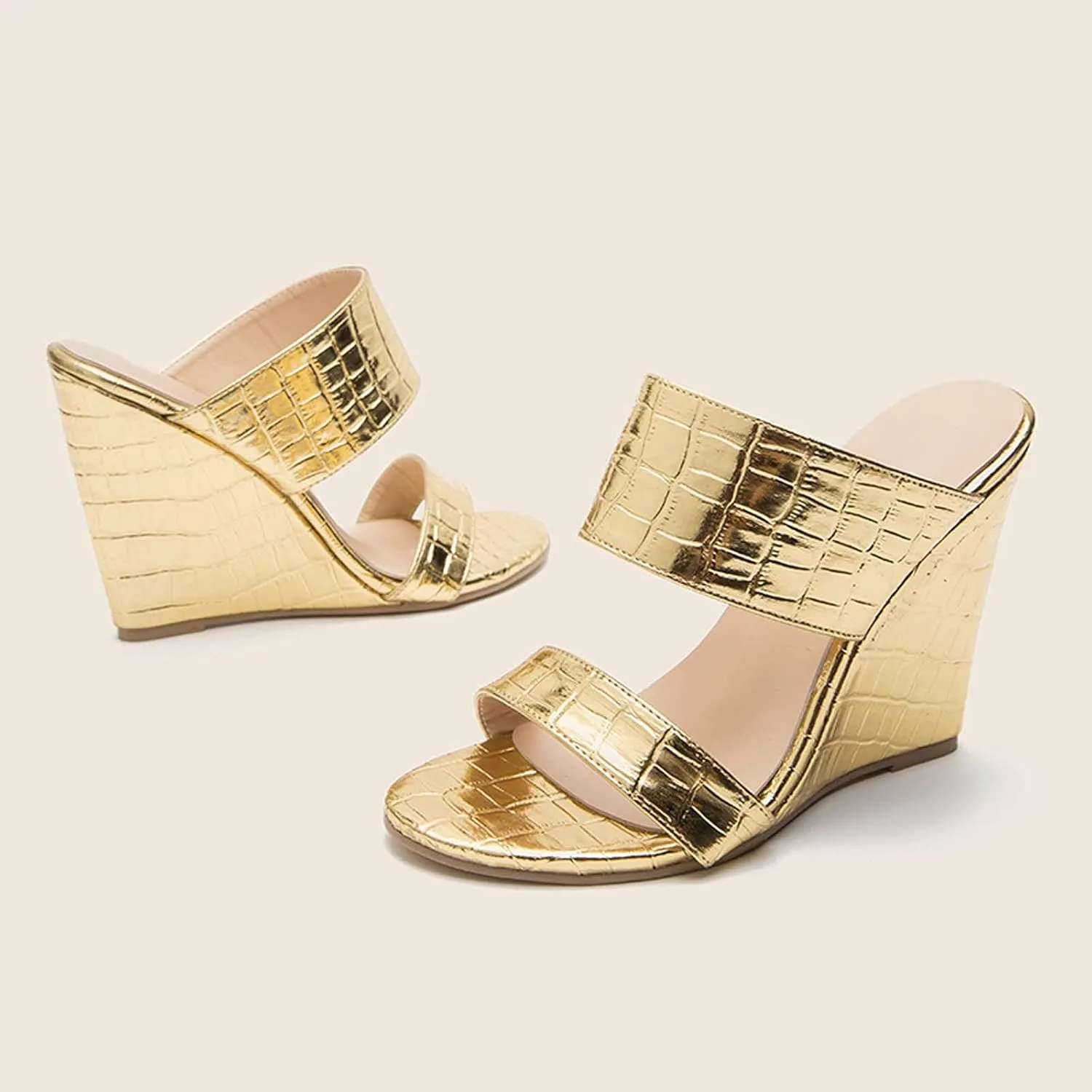 oiangi Womens Wedge High Heeled Sandals Summer Fashion Casual Double Strap Platform Shoes Comfortable Trendy Snake Print Gold Slipper