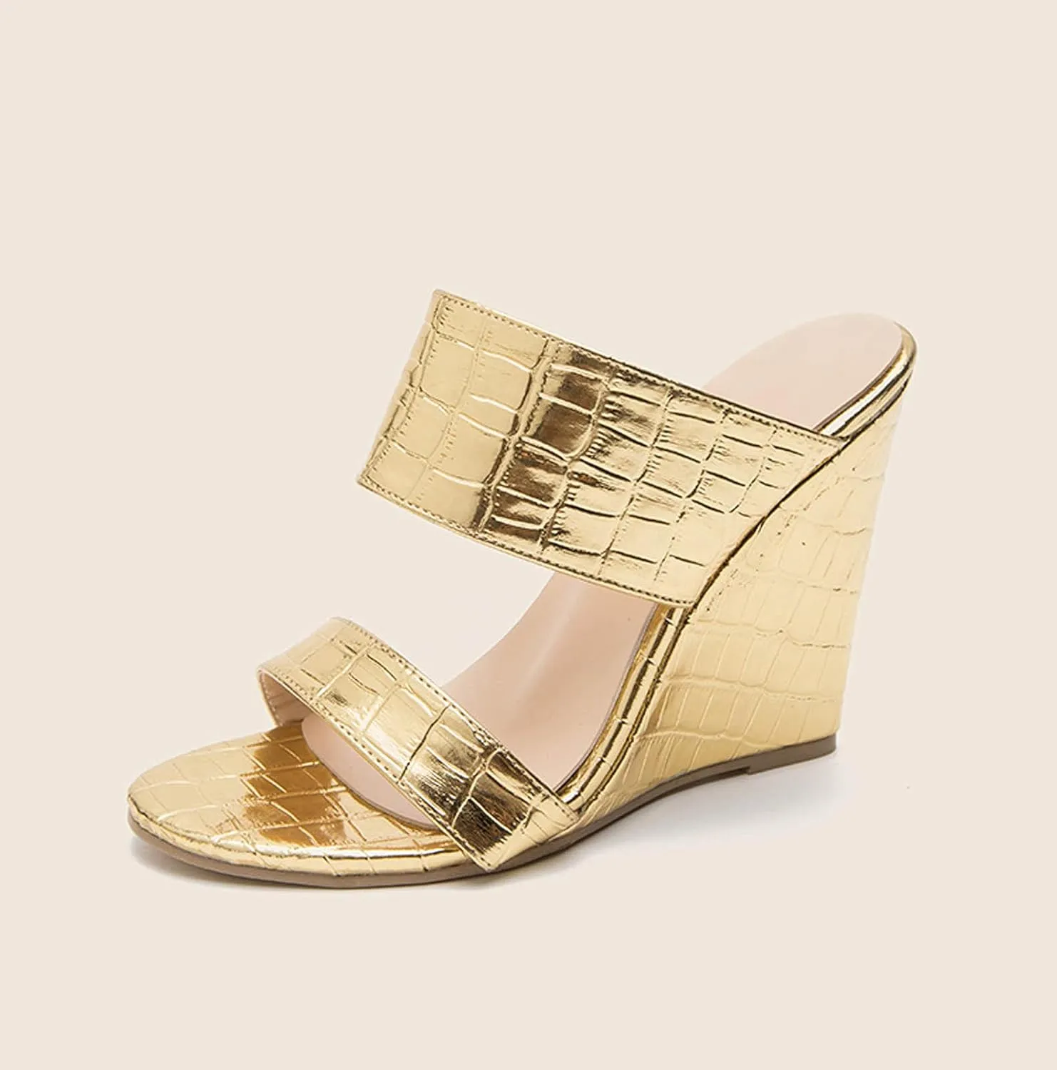 oiangi Womens Wedge High Heeled Sandals Summer Fashion Casual Double Strap Platform Shoes Comfortable Trendy Snake Print Gold Slipper