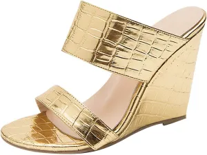 oiangi Womens Wedge High Heeled Sandals Summer Fashion Casual Double Strap Platform Shoes Comfortable Trendy Snake Print Gold Slipper