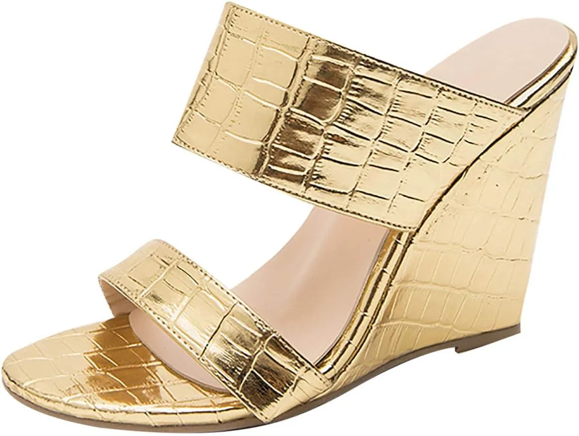 oiangi Womens Wedge High Heeled Sandals Summer Fashion Casual Double Strap Platform Shoes Comfortable Trendy Snake Print Gold Slipper
