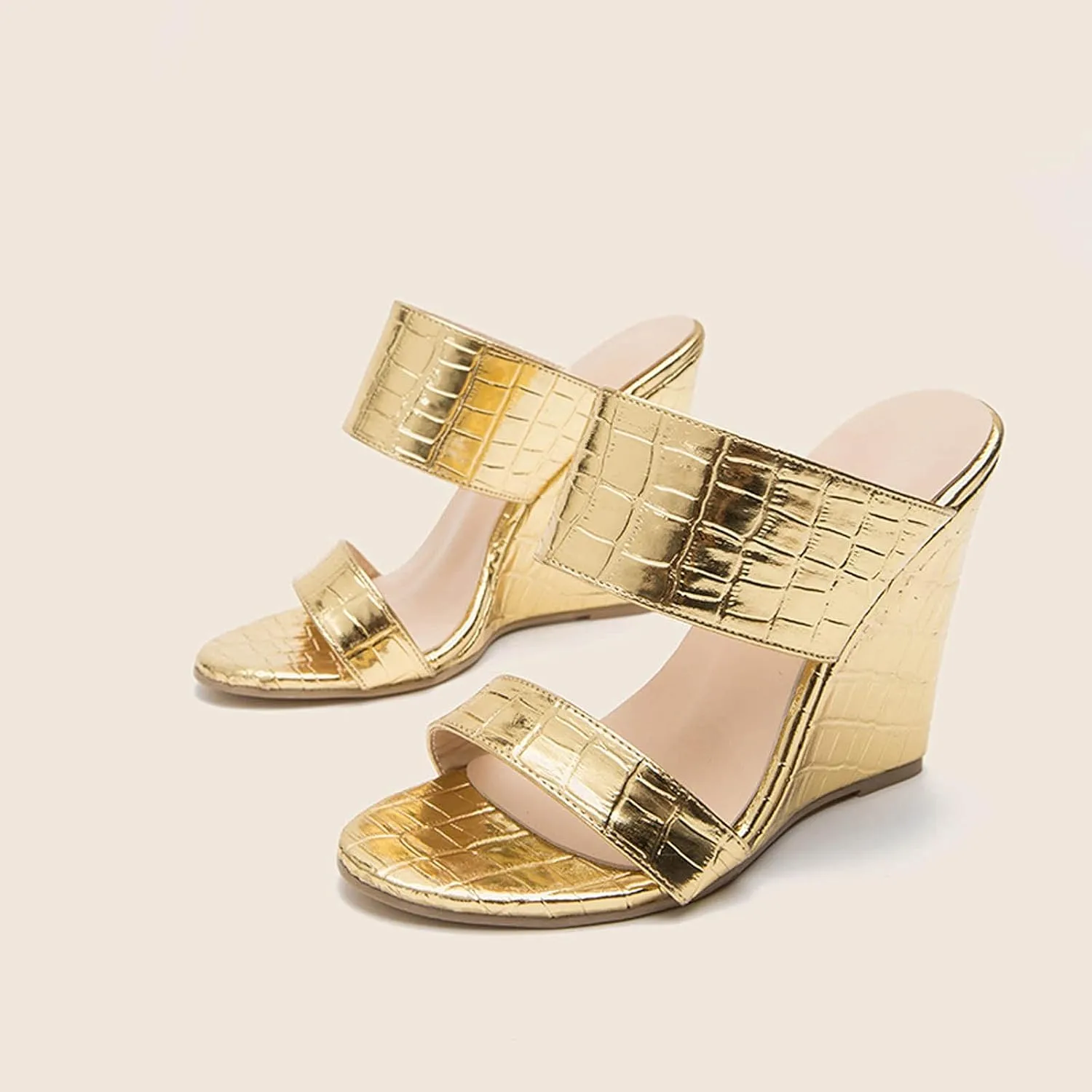 oiangi Womens Wedge High Heeled Sandals Summer Fashion Casual Double Strap Platform Shoes Comfortable Trendy Snake Print Gold Slipper