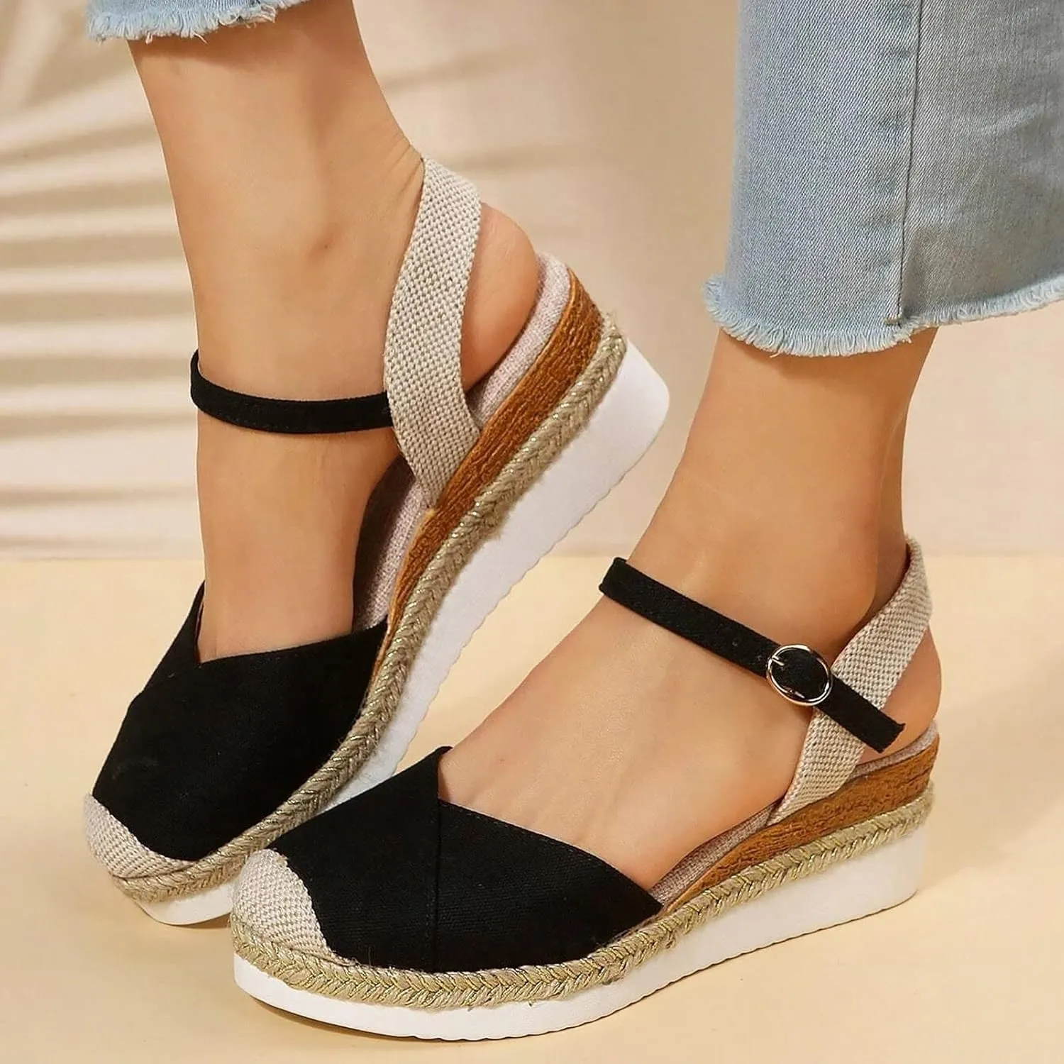 Orthopedic Platform Wedge Sandals for Women Summer Dressy 2023 Flat Open Toe Ankle Strap Espadrilles Sandals Casual Strappy Slip on Sandals Beach Boho Sandals Comfortable Outdoor Shoes (1-Black, 9)