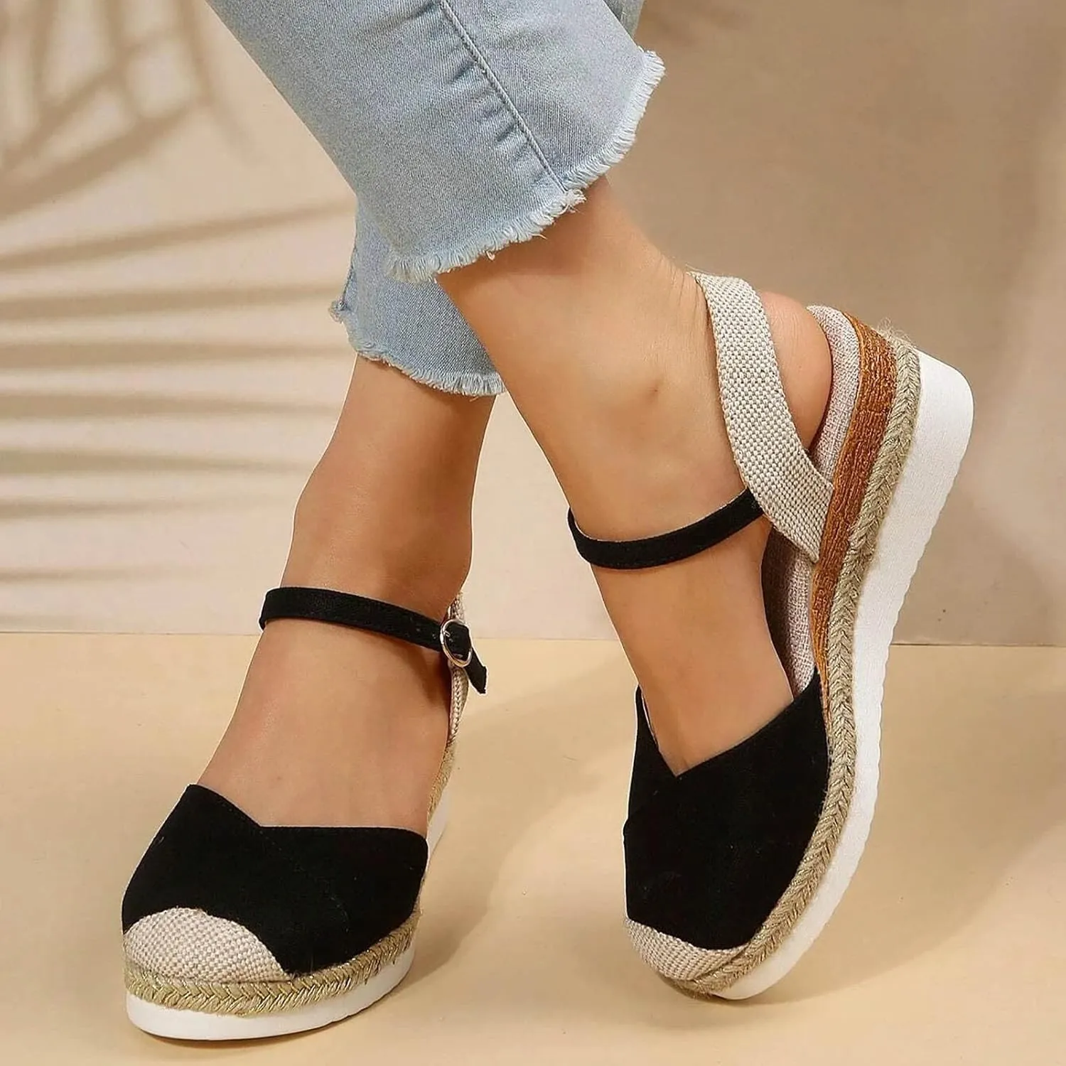 Orthopedic Platform Wedge Sandals for Women Summer Dressy 2023 Flat Open Toe Ankle Strap Espadrilles Sandals Casual Strappy Slip on Sandals Beach Boho Sandals Comfortable Outdoor Shoes (1-Black, 9)