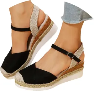 Orthopedic Platform Wedge Sandals for Women Summer Dressy 2023 Flat Open Toe Ankle Strap Espadrilles Sandals Casual Strappy Slip on Sandals Beach Boho Sandals Comfortable Outdoor Shoes (1-Black, 9)