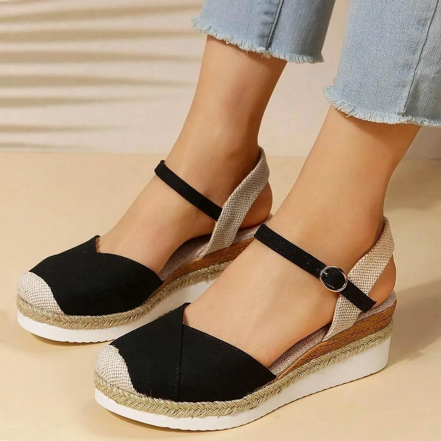 Orthopedic Platform Wedge Sandals for Women Summer Dressy 2023 Flat Open Toe Ankle Strap Espadrilles Sandals Casual Strappy Slip on Sandals Beach Boho Sandals Comfortable Outdoor Shoes (1-Black, 9)