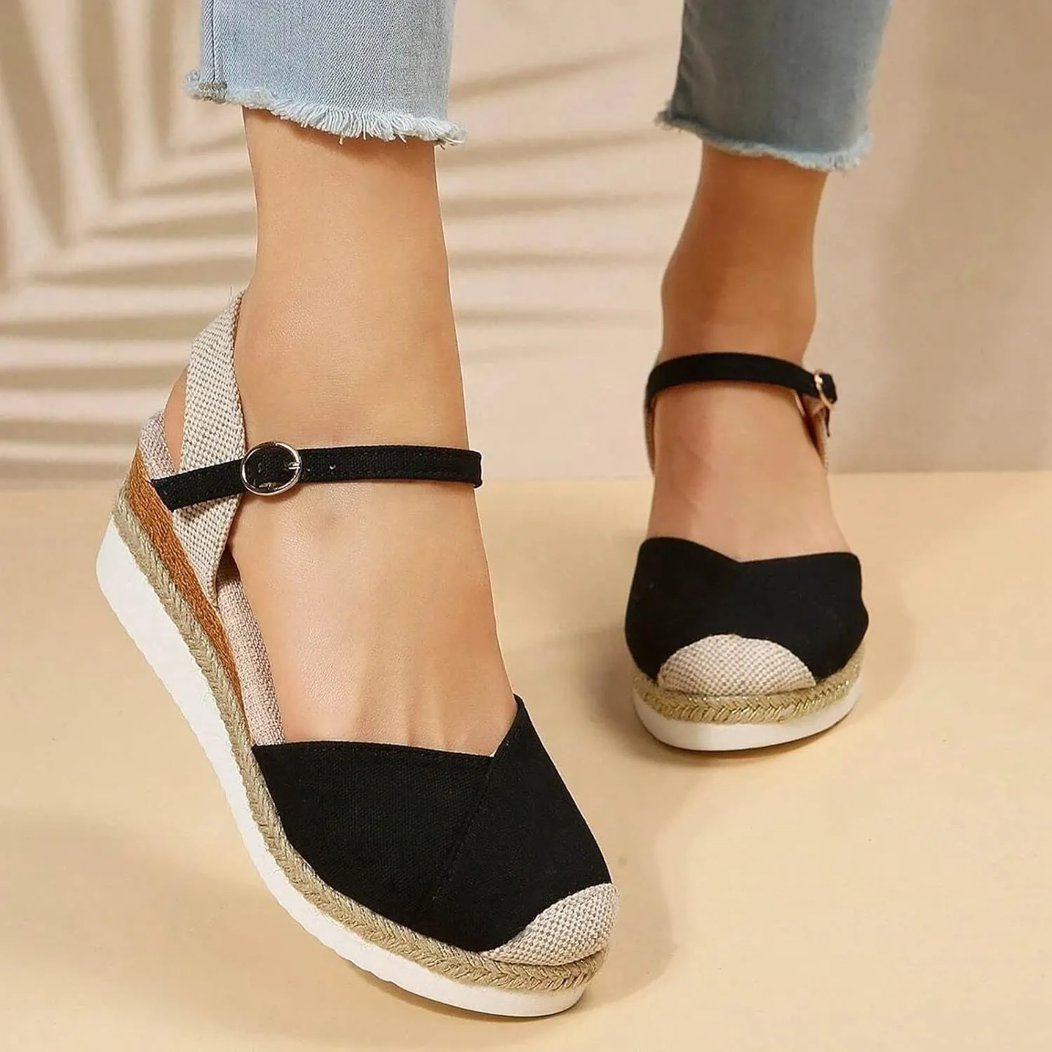 Orthopedic Platform Wedge Sandals for Women Summer Dressy 2023 Flat Open Toe Ankle Strap Espadrilles Sandals Casual Strappy Slip on Sandals Beach Boho Sandals Comfortable Outdoor Shoes (1-Black, 9)