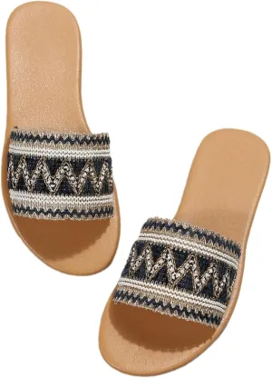 OYOANGLE Women's Boho Style Embroidered Flat Sandals Slide Sandals Fashion Flat Sandals Beach Slippers