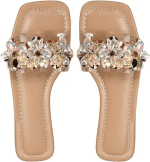 OYOANGLE Women's Rhinestone Flower Decor Clear Strap Sandals Square Toe Flat Sandals