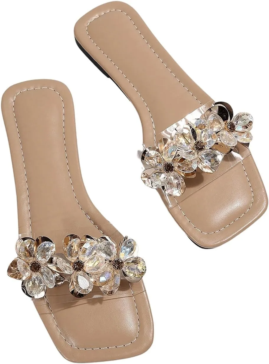 OYOANGLE Women's Rhinestone Flower Decor Clear Strap Sandals Square Toe Flat Sandals
