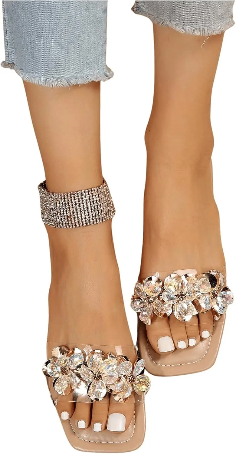 OYOANGLE Women's Rhinestone Flower Decor Clear Strap Sandals Square Toe Flat Sandals