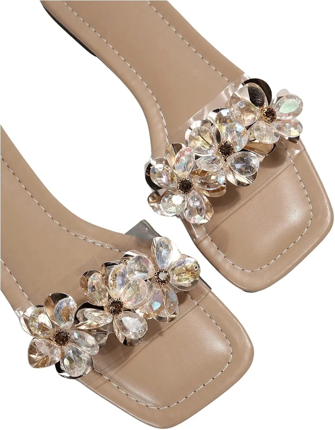 OYOANGLE Women's Rhinestone Flower Decor Clear Strap Sandals Square Toe Flat Sandals