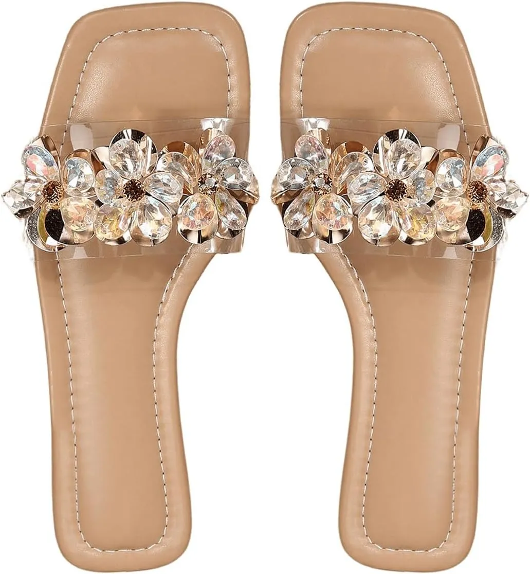 OYOANGLE Women's Rhinestone Flower Decor Clear Strap Sandals Square Toe Flat Sandals