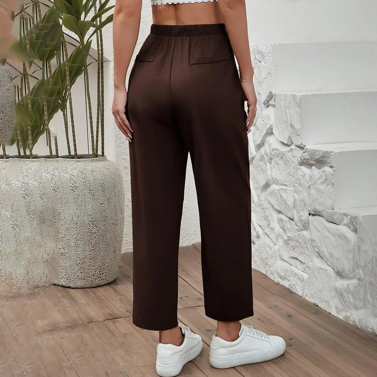 PantalóN De Lino para Mujer Pants Lightweight Elastic Waist Cropped Pants Plus Size Solid Trousers Women's Linen s