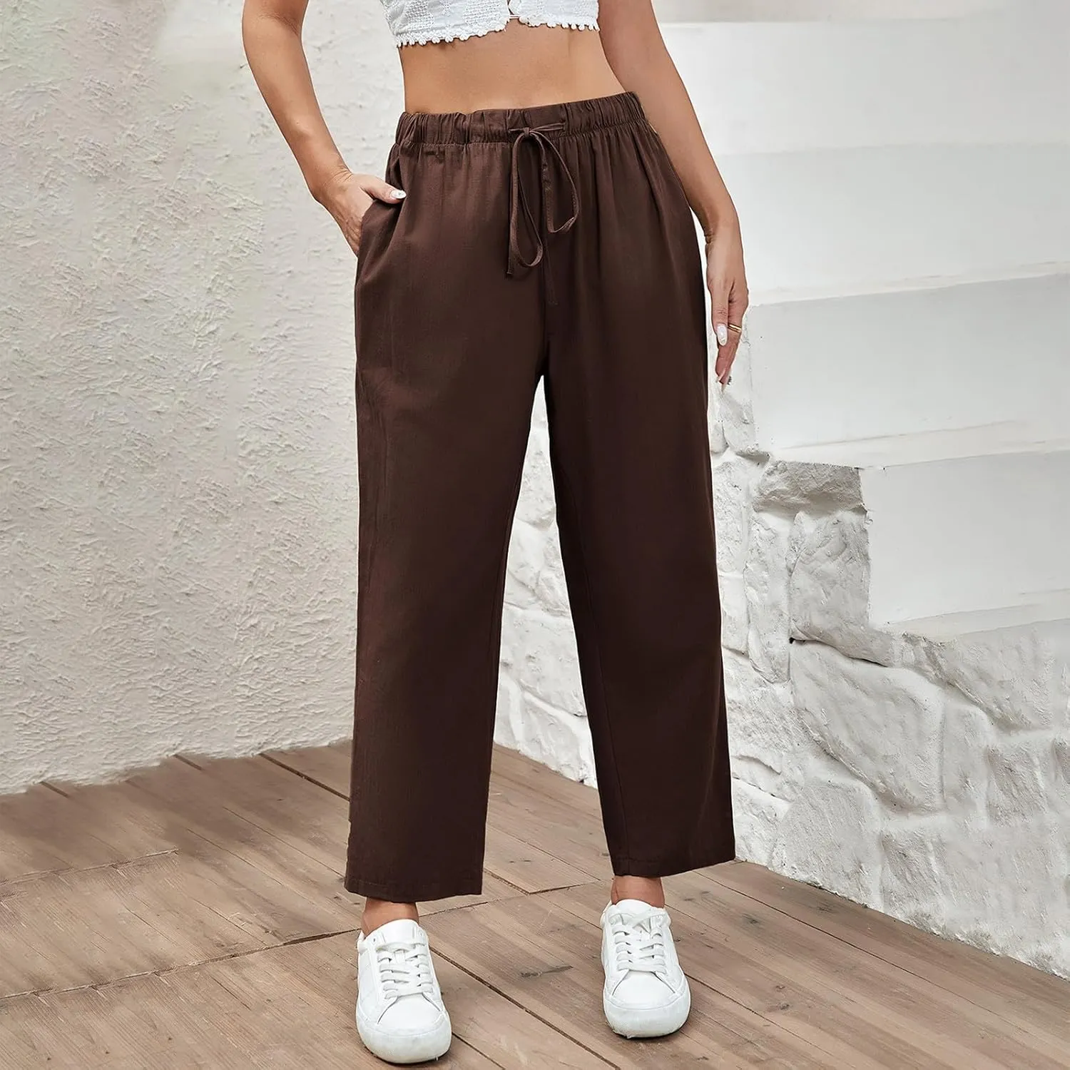 PantalóN De Lino para Mujer Pants Lightweight Elastic Waist Cropped Pants Plus Size Solid Trousers Women's Linen s