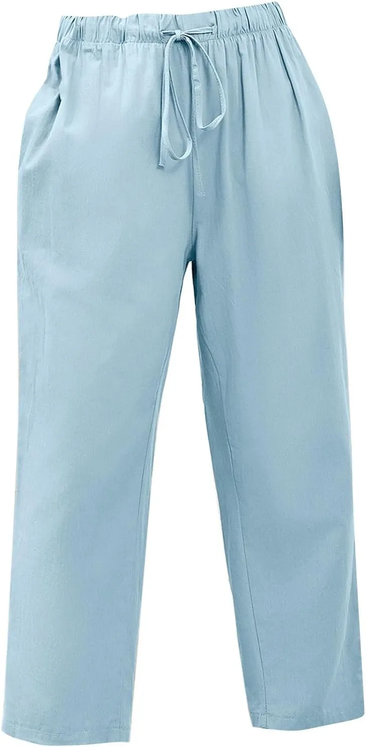 PantalóN De Lino para Mujer Pants Lightweight Elastic Waist Cropped Pants Plus Size Solid Trousers Women's Linen s