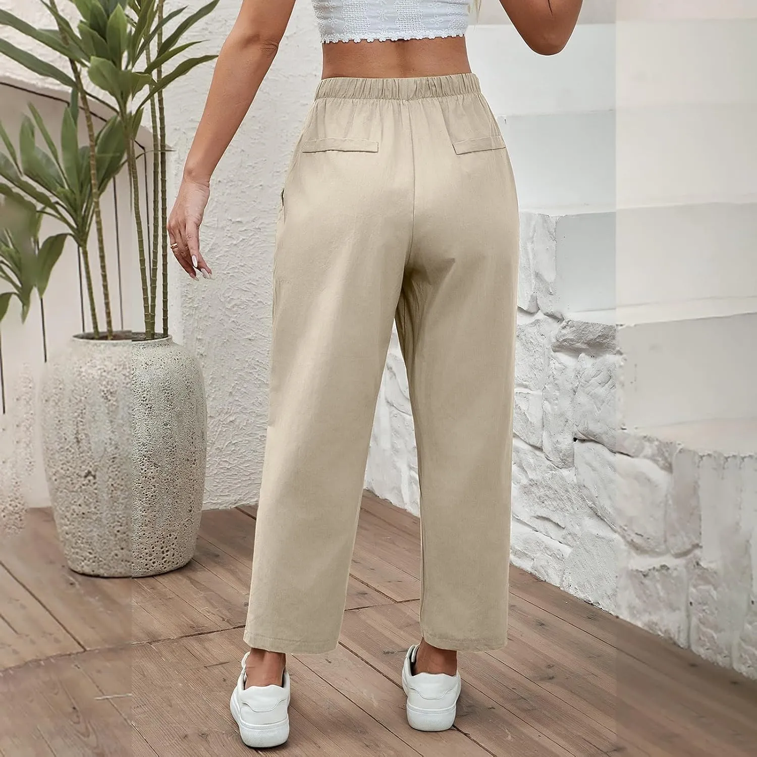 PantalóN De Lino para Mujer Pants Lightweight Elastic Waist Cropped Pants Plus Size Solid Trousers Women's Linen s