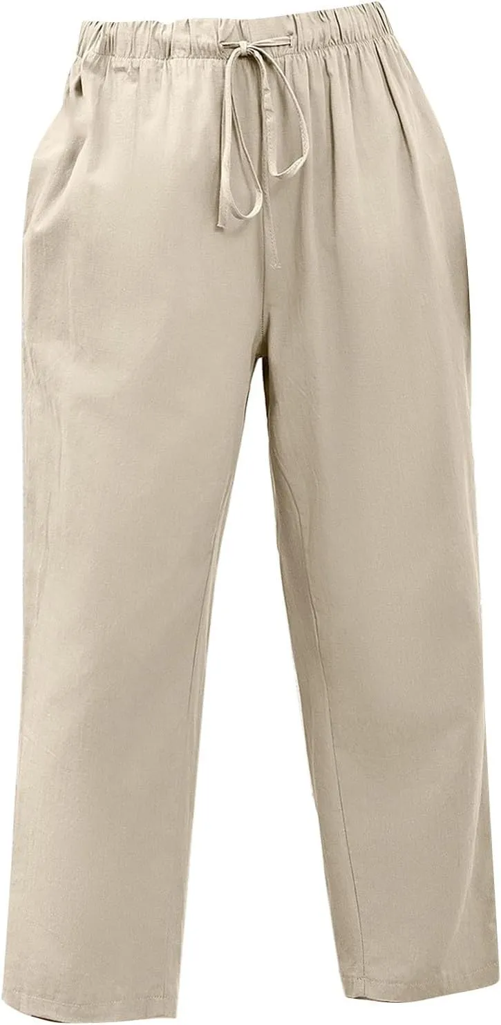 PantalóN De Lino para Mujer Pants Lightweight Elastic Waist Cropped Pants Plus Size Solid Trousers Women's Linen s