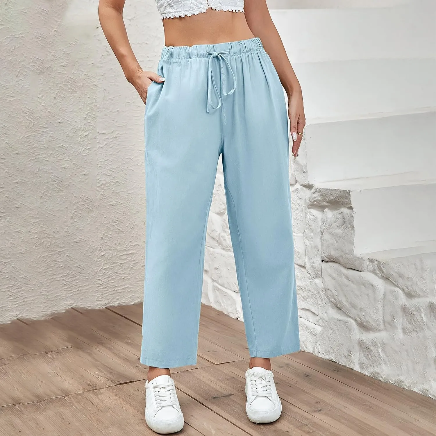 PantalóN De Lino para Mujer Pants Lightweight Elastic Waist Cropped Pants Plus Size Solid Trousers Women's Linen s
