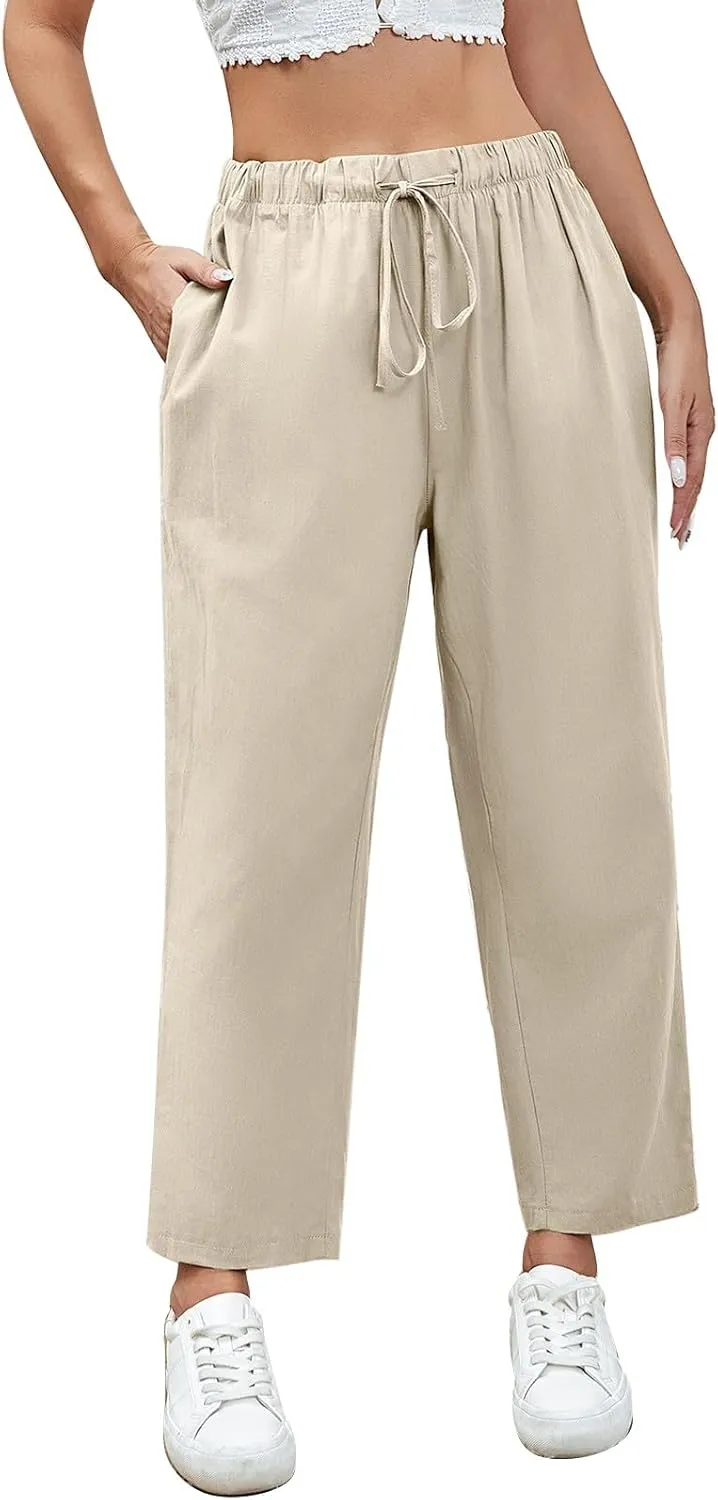 PantalóN De Lino para Mujer Pants Lightweight Elastic Waist Cropped Pants Plus Size Solid Trousers Women's Linen s