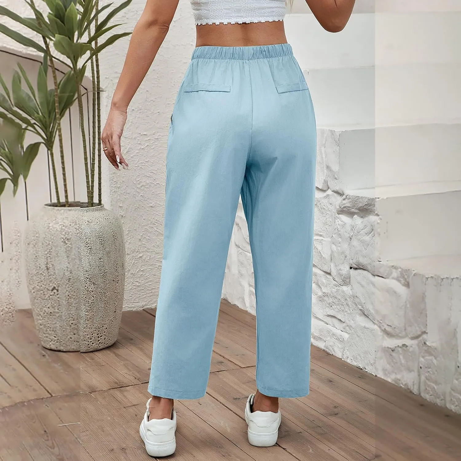 PantalóN De Lino para Mujer Pants Lightweight Elastic Waist Cropped Pants Plus Size Solid Trousers Women's Linen s