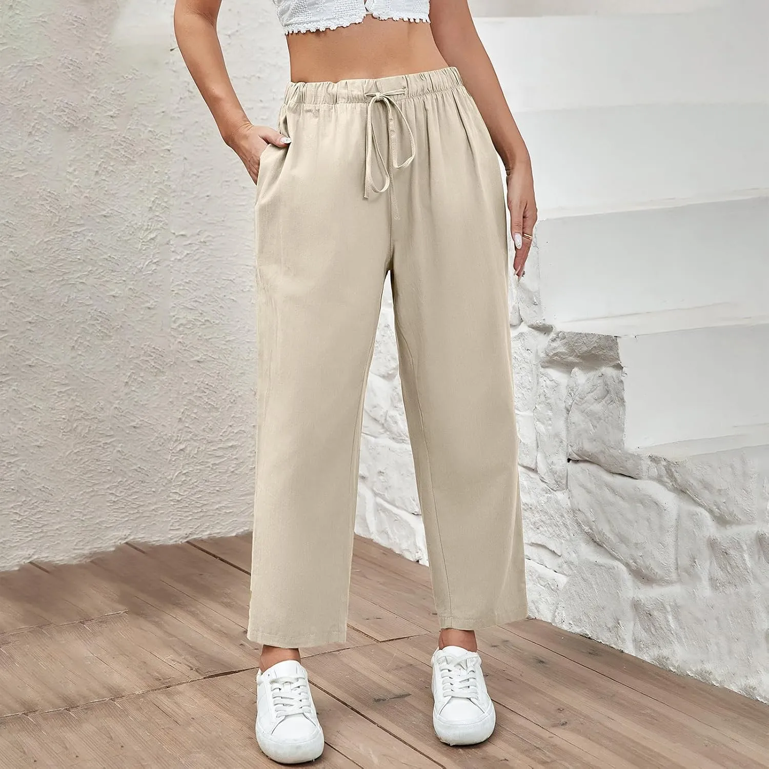 PantalóN De Lino para Mujer Pants Lightweight Elastic Waist Cropped Pants Plus Size Solid Trousers Women's Linen s