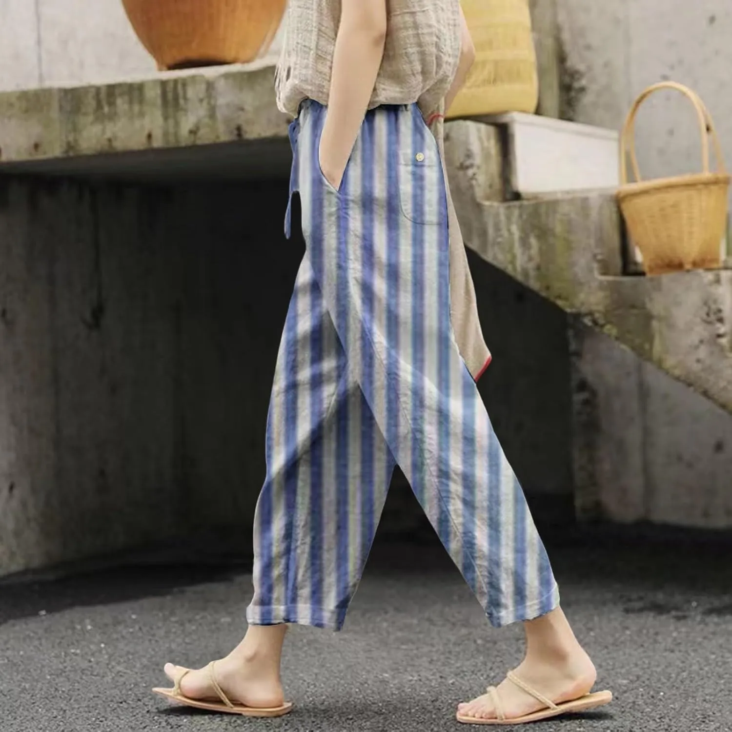 Pantalon De Lino para Mujer Drawstring Pants Linen Blend Pants