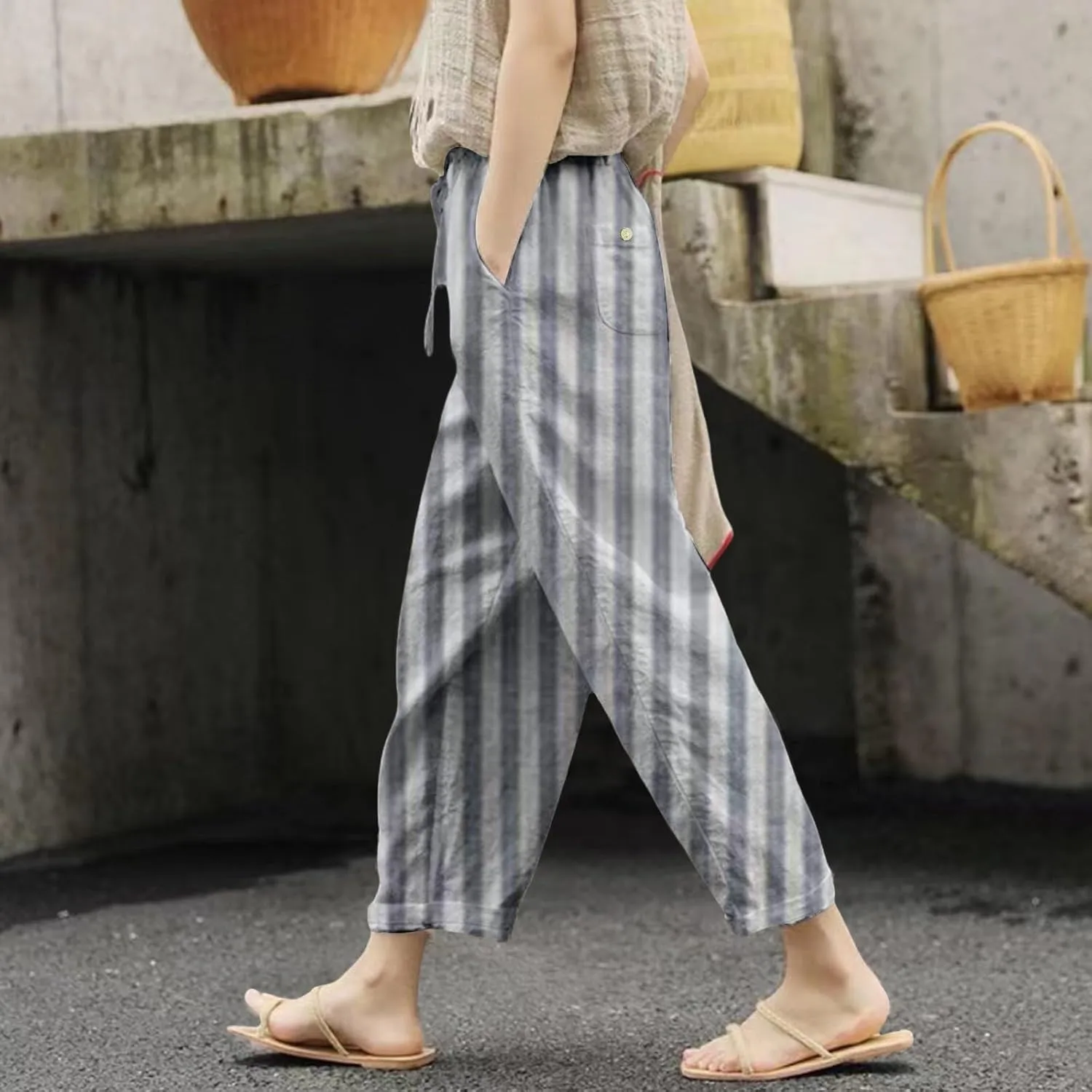 Pantalon De Lino para Mujer Drawstring Pants Linen Blend Pants