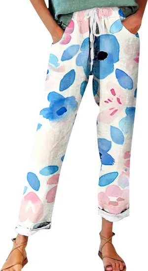 Pantalones De Lino para Mujer Linen Vintage Floral Print Casual Pants – Perfect for Spring Comfortable Linen Blend Pants