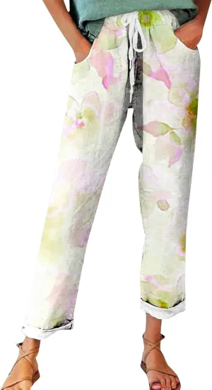 Pantalones De Lino para Mujer Linen Vintage Floral Print Casual Pants – Perfect for Spring Comfortable Linen Blend Pants