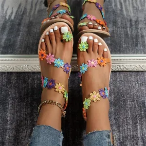Pearl and Rhinestone Boho Sandals for Women 2025 New Dressy Summer Sparkly Rhinestone Beaded Beach Wedding Sandals for Bride Bohemian Lace Flower Flats Ankle Strap Beach Wedding Shoes