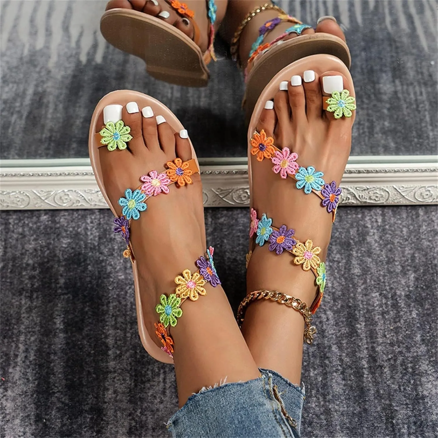 Pearl and Rhinestone Boho Sandals for Women 2025 New Dressy Summer Sparkly Rhinestone Beaded Beach Wedding Sandals for Bride Bohemian Lace Flower Flats Ankle Strap Beach Wedding Shoes